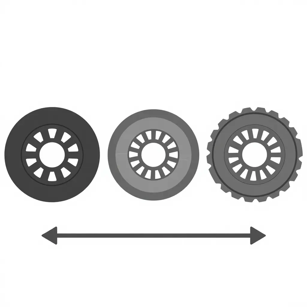 Clutch wear progression diagram showing three minimalist clutch discs from new to heavily worn, connected by a directional arrow from low to high mileage